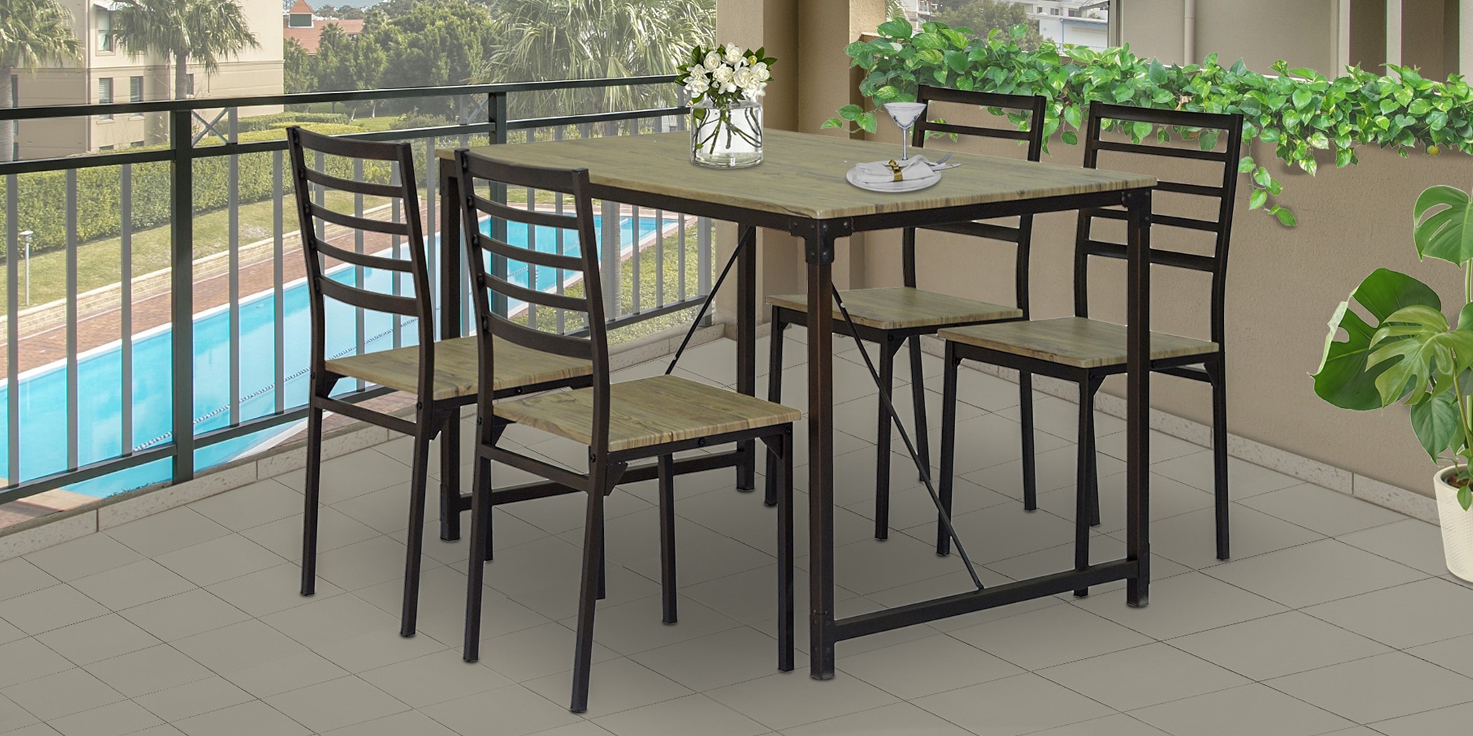 Agnesia Table and 4 Chairs in Metal Brown Color Agnesia Table and 4 Chairs in Metal Brown Color