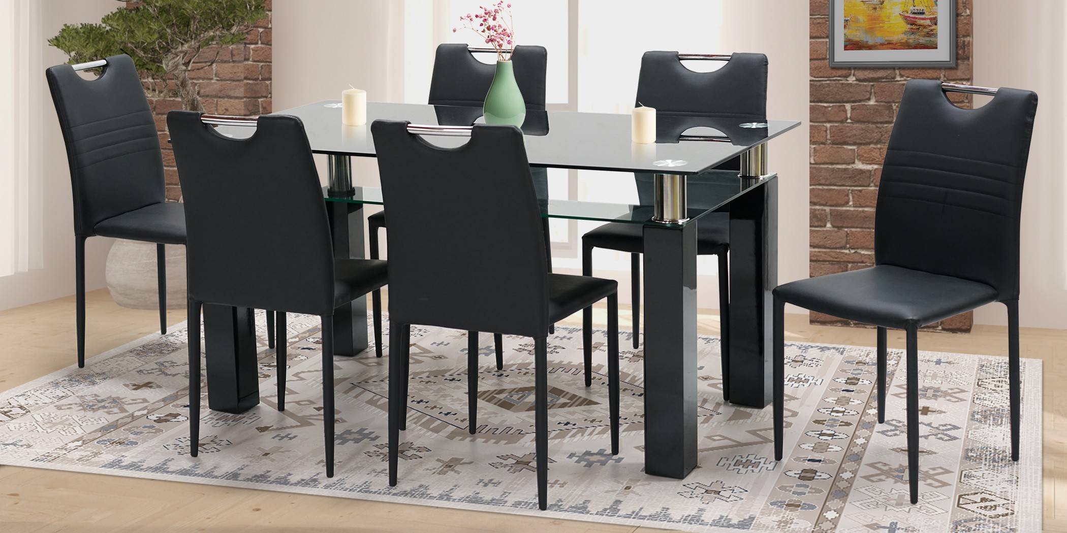 Antonella Table and 6 Chairs Glossy Black MDF