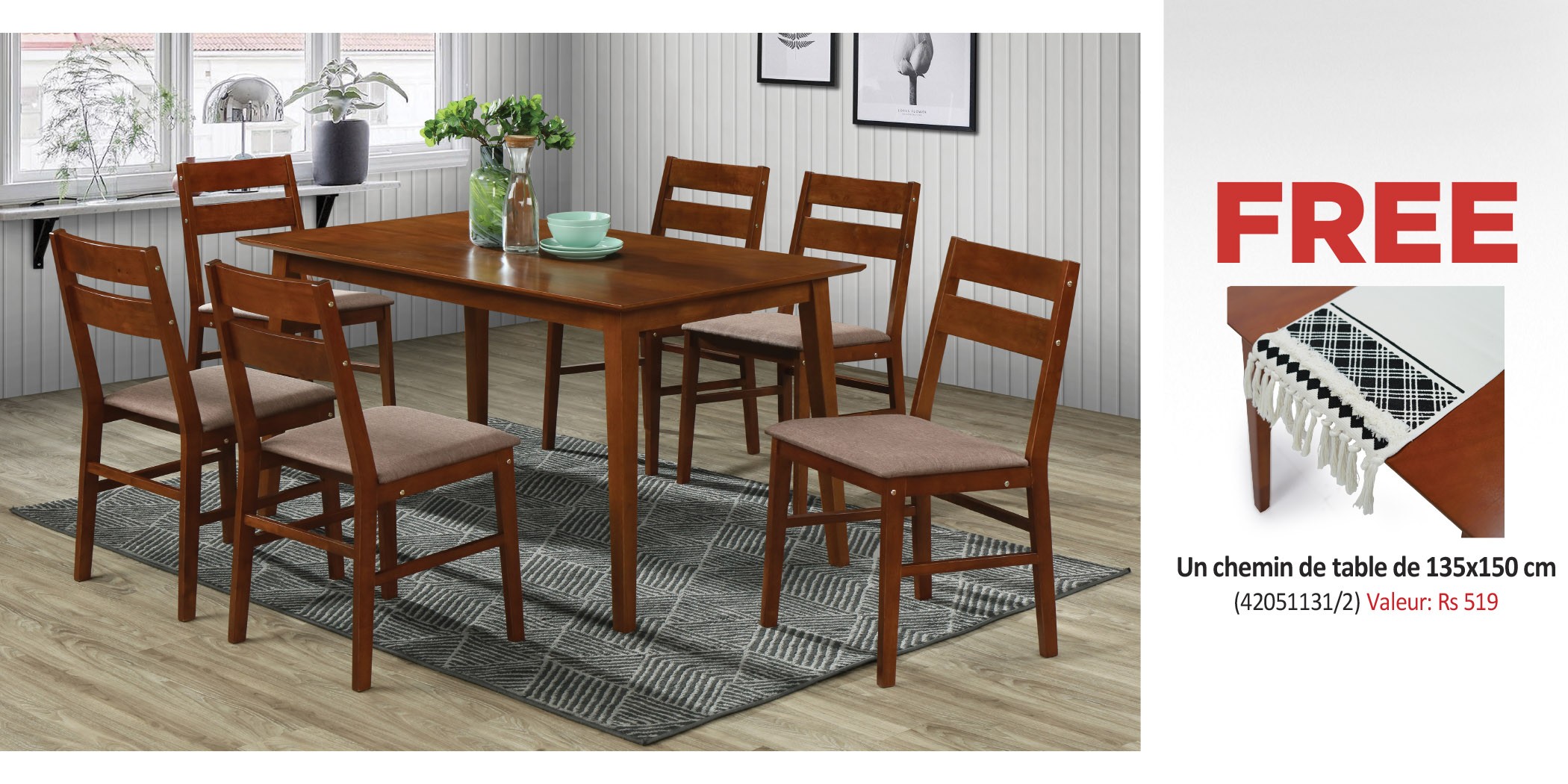 Jordan Table and 6 Chairs Dirty Oak MDF Top & Free Table Runner 1 135x150cm 100 Polyester MAT
