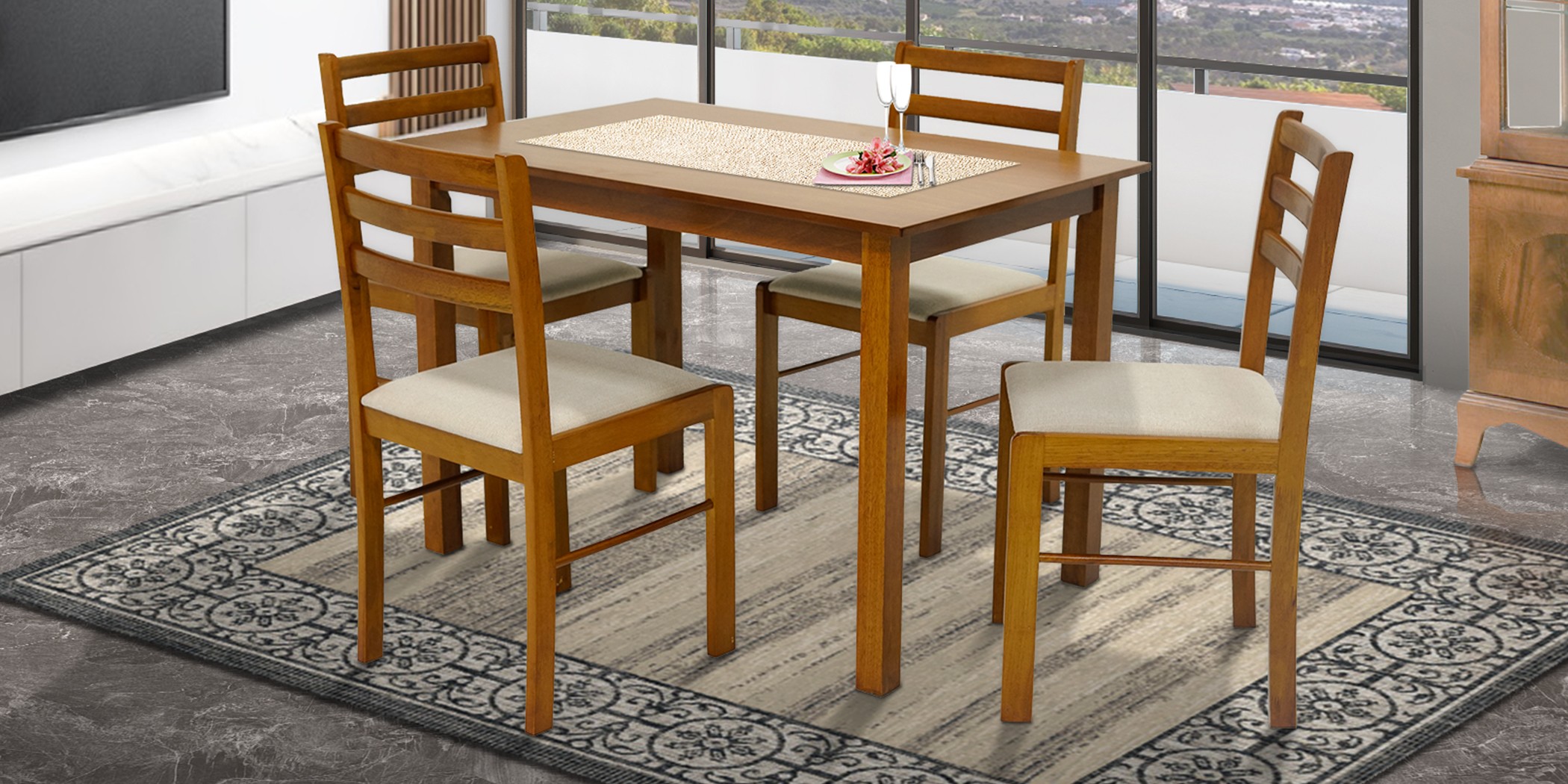 Amelia Table and 4 Chairs Rubberwood