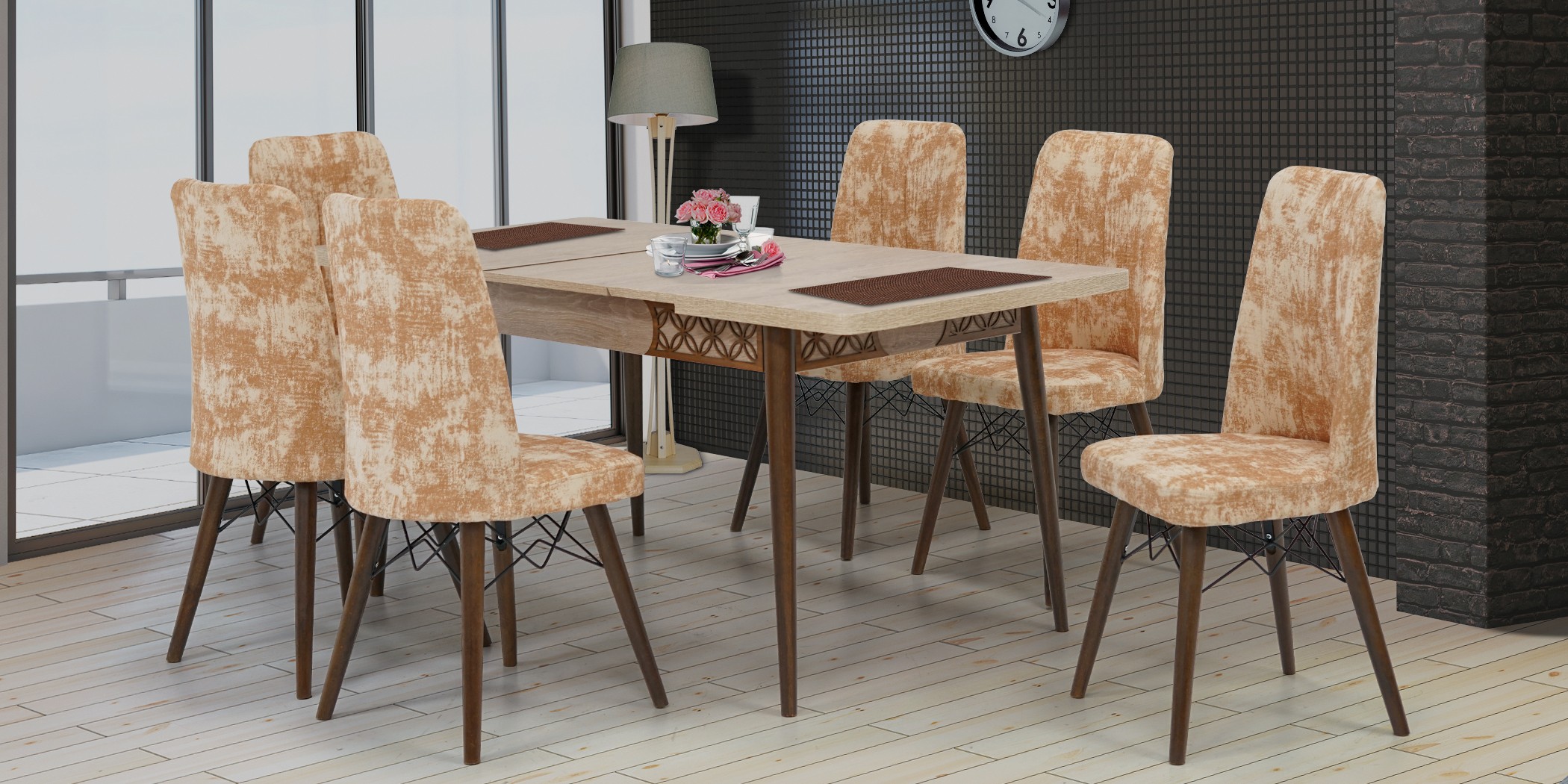Yara Table+6 chairs (Extendable) 80x170 Beige