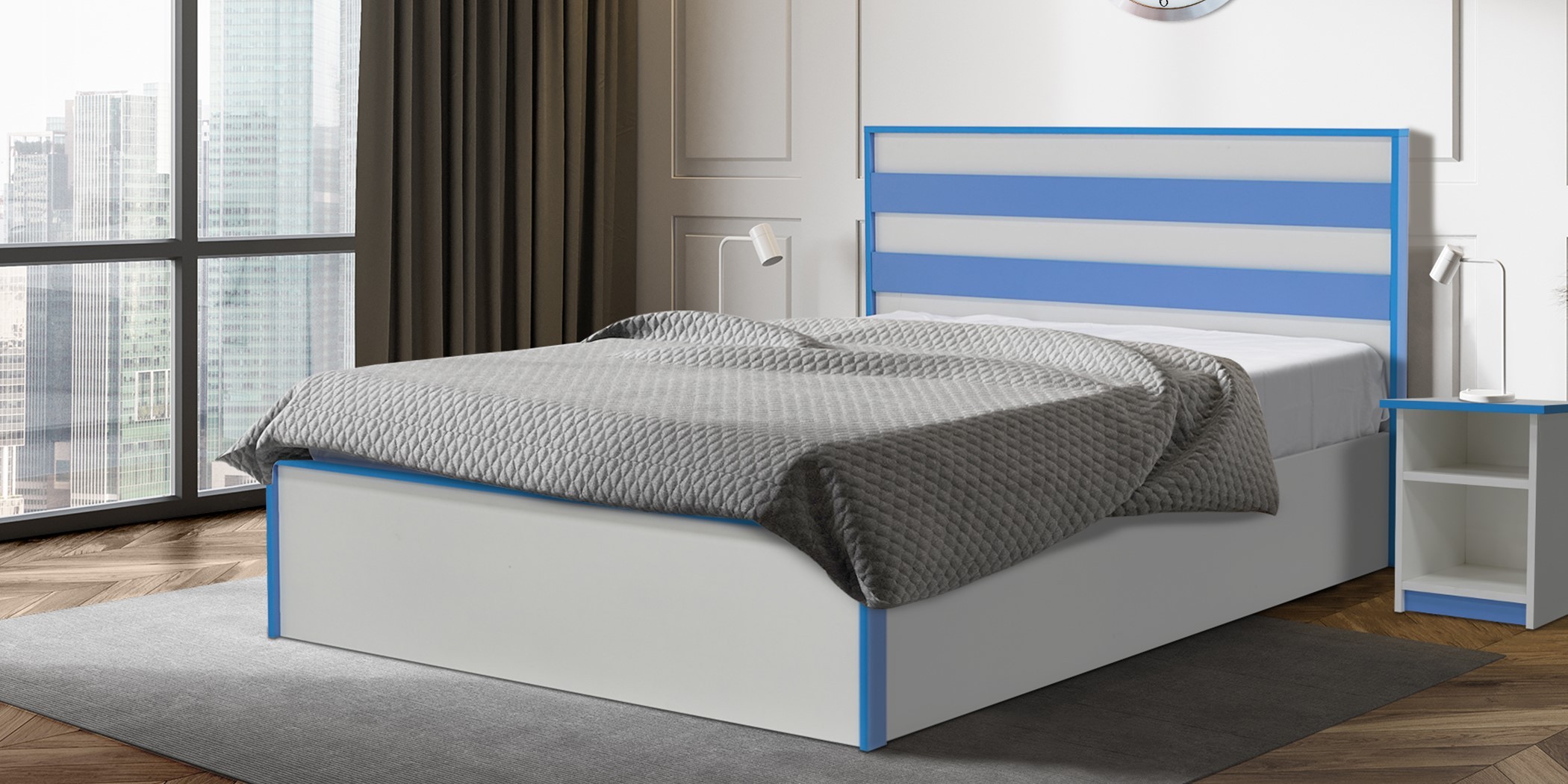 Alpha Bed 140x190 cm MDF White & Blue Alpha Bed 140x190 cm MDF White & Blue