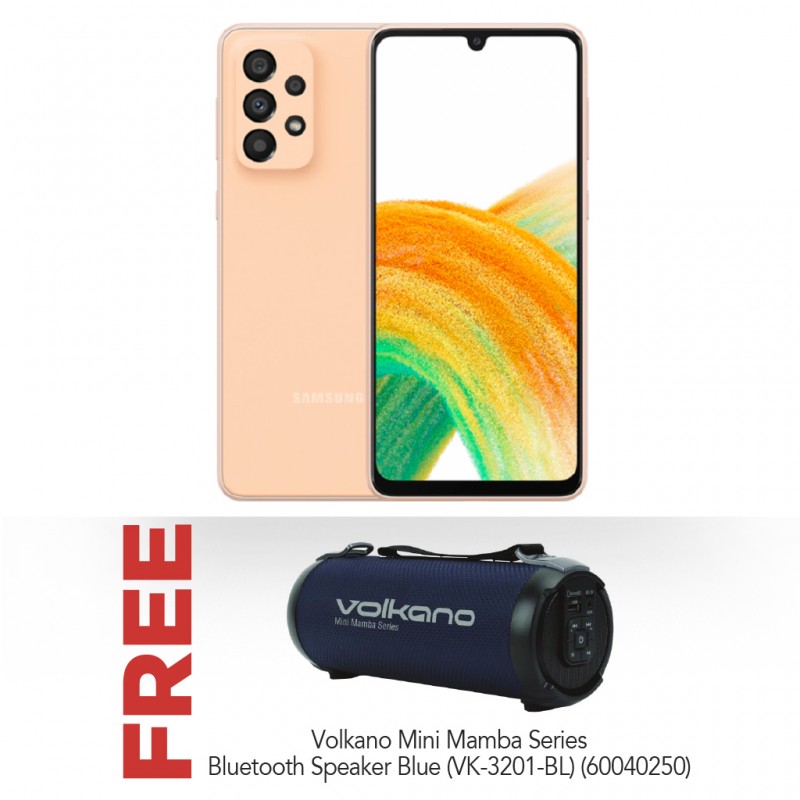 Samsung Galaxy A33 Orange & Free Volkano Mini Mamba Series Bluetooth Speaker - Blue VK-3201-BL Samsung Galaxy A33 Orange & Free Volkano Mini Mamba Series Bluetooth Speaker - Blue VK-3201-BL