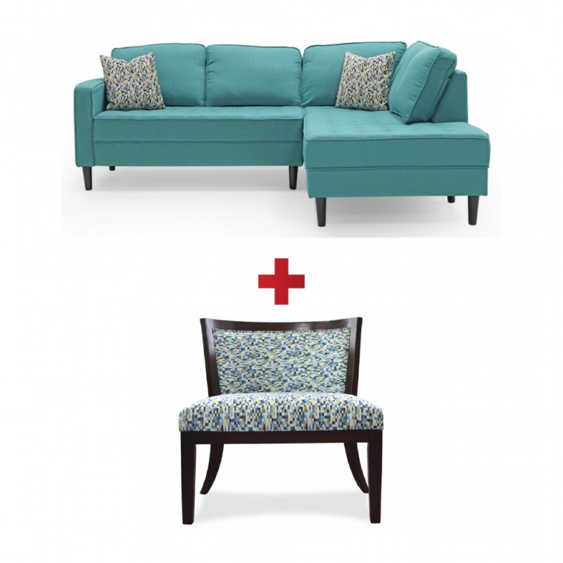 Cove Sofa Corner LAF LVST + RAF Chaise Teal + Accent Chair Eno Baltic Fabric