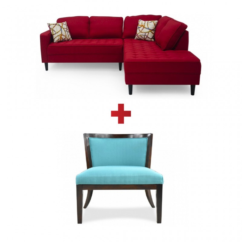 Cove Sofa Corner LAF LVST+RAF Chaise Ruby + Accent Chair Sachi 2 Teal Color Fabric