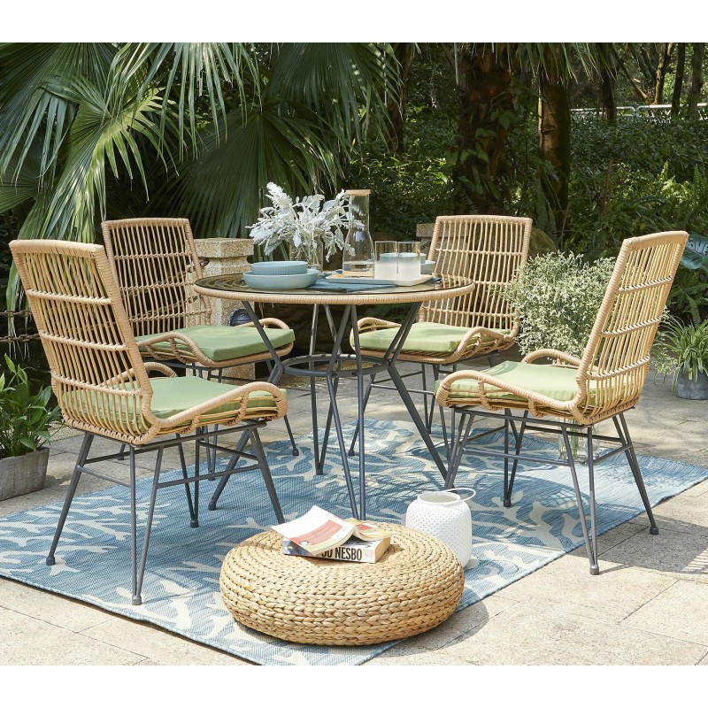 Vera Table and 4 Chairs In Metal/Rattan