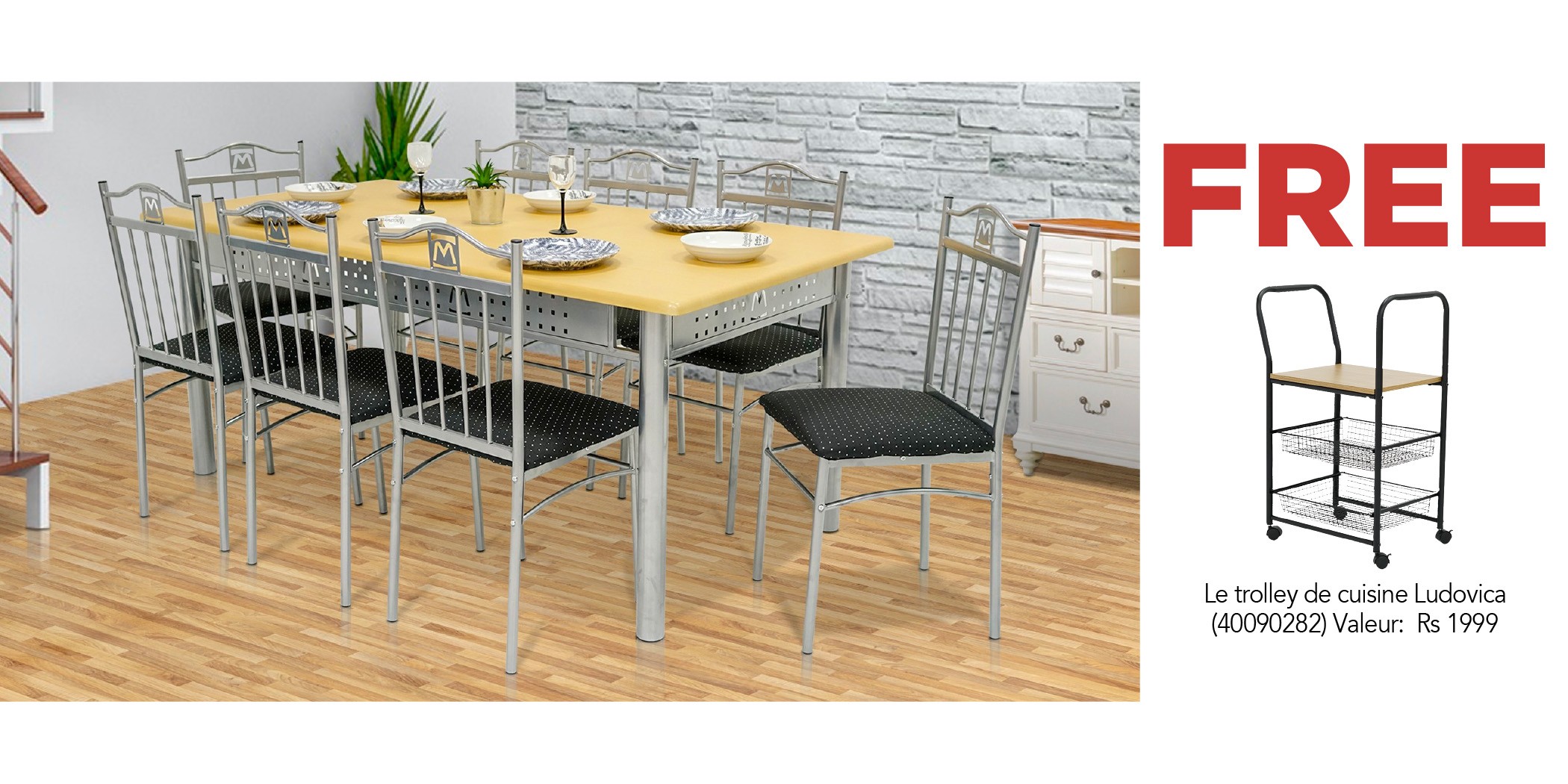 Nolana Table and 8 Chairs Metal/MDF Top & Free Ludovica Kitchen Trolley in Particle Board & Metal Nolana Table and 8 Chairs Metal/MDF Top & Free Ludovica Kitchen Trolley in Particle Board & Metal