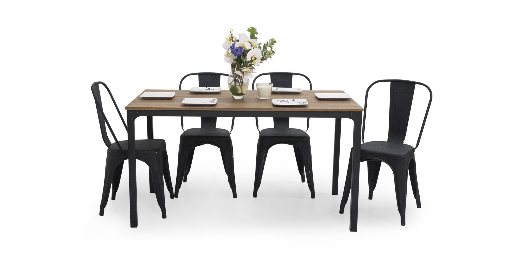 Tolix Table and 6 Chairs Black Metal & MDF Top