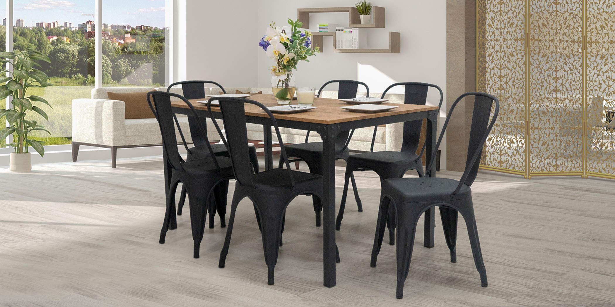 Tolix Table and 6 Chairs Black Metal & MDF Top