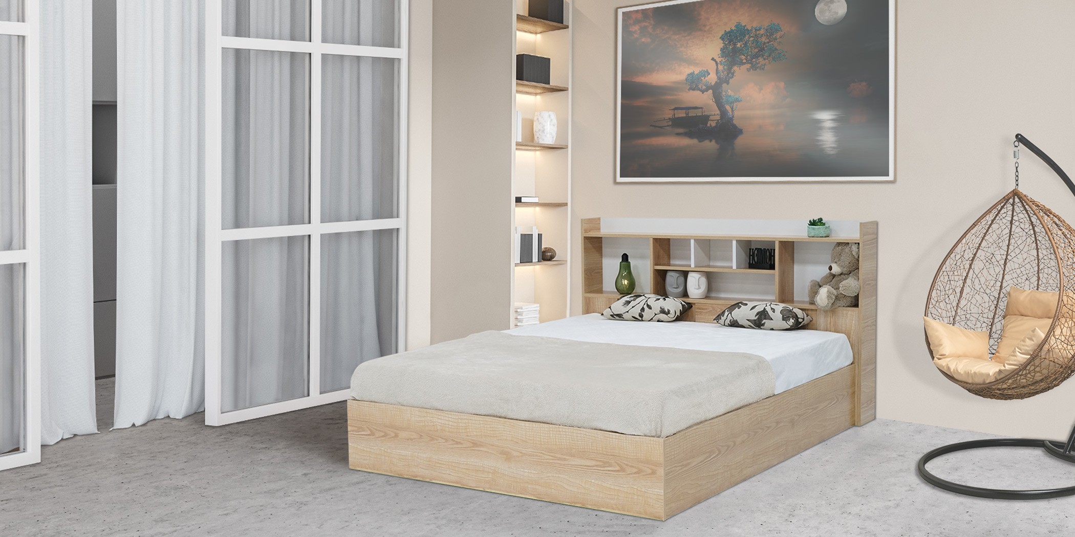 Neo Bed 150x190 cm MDF Oak and White