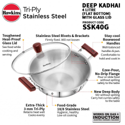 Hawkins SSK40G 4L 30cm 3mm Tri-Ply S/Steel Kadhai With Glass Lid