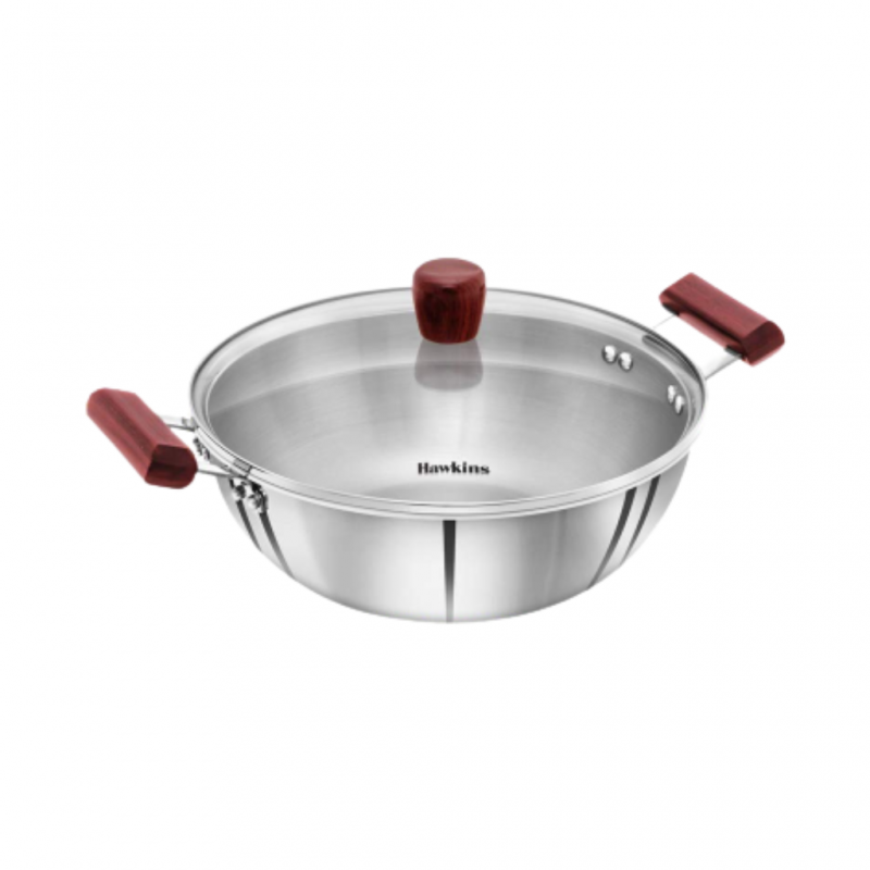 Hawkins SSK40G 4L 30cm 3mm Tri-Ply S/Steel Kadhai With Glass Lid