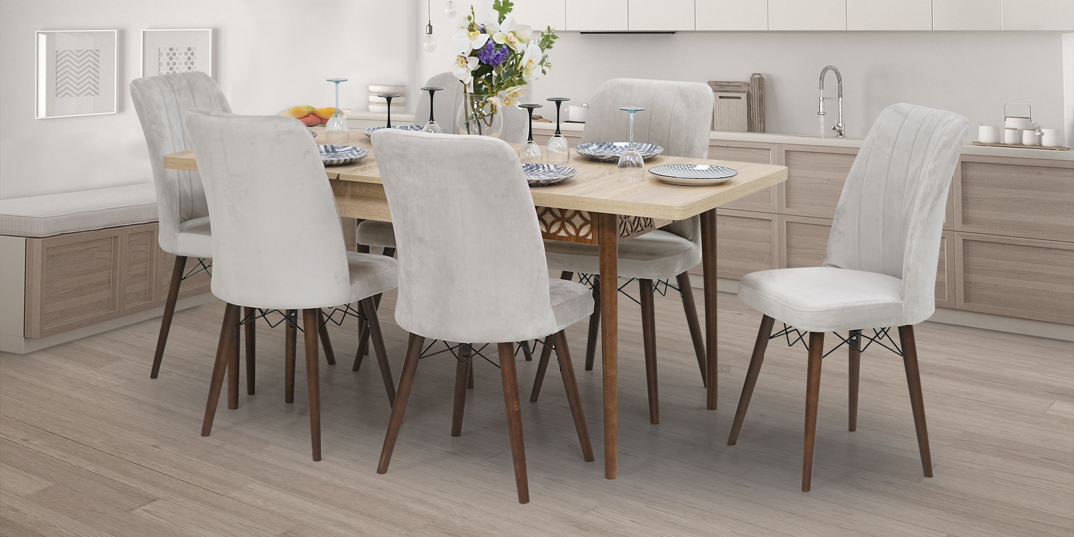 40030429 Yara Table+6 chairs (Extendable) 80x170 Beige