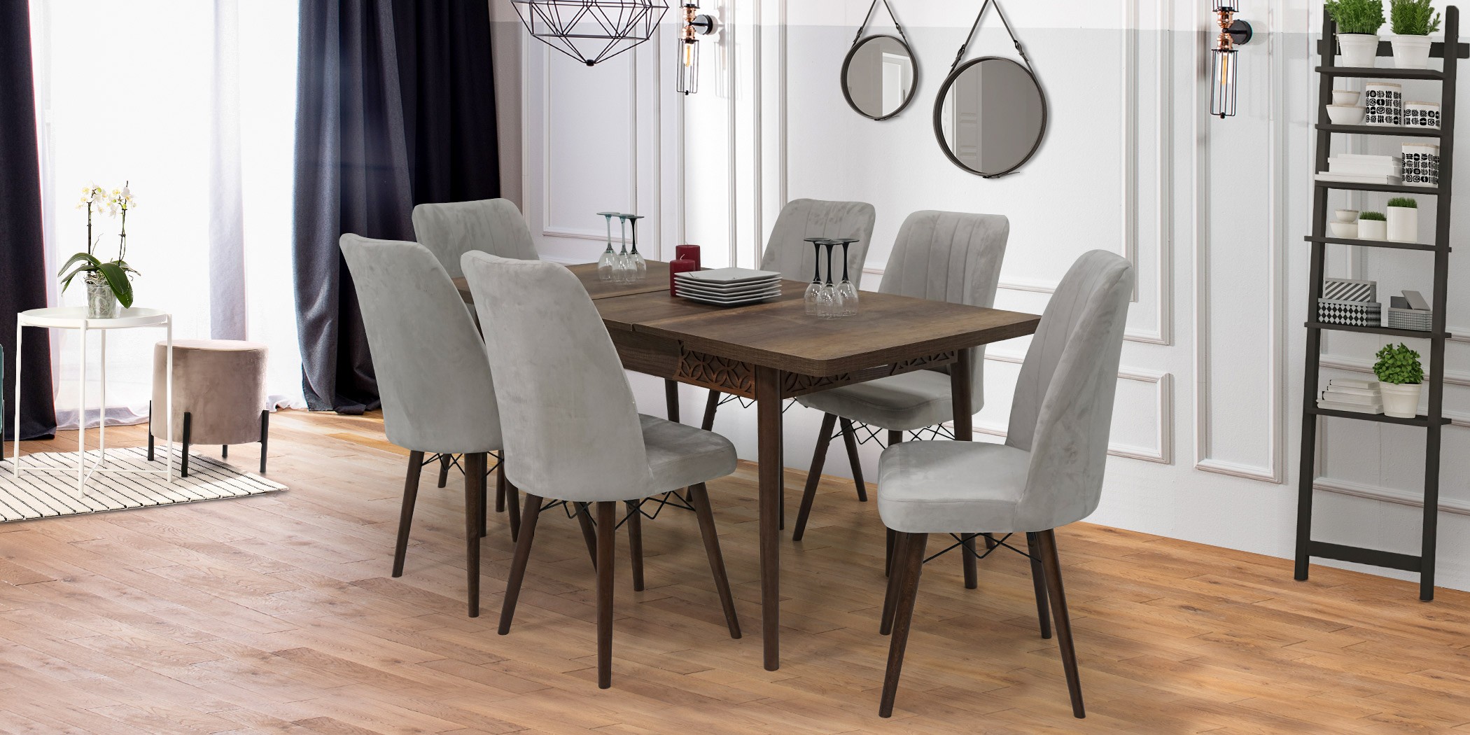 Azra Table & 6 chairs (Extendable) 80 x 170 Grey Fabric