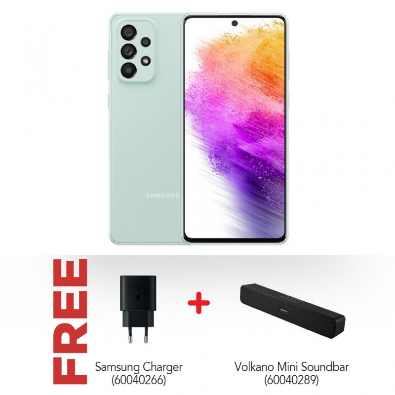 Samsung Galaxy A73 Light Green & Free Samsung Charger + Volkano Sabre Portable Mini Soundbar