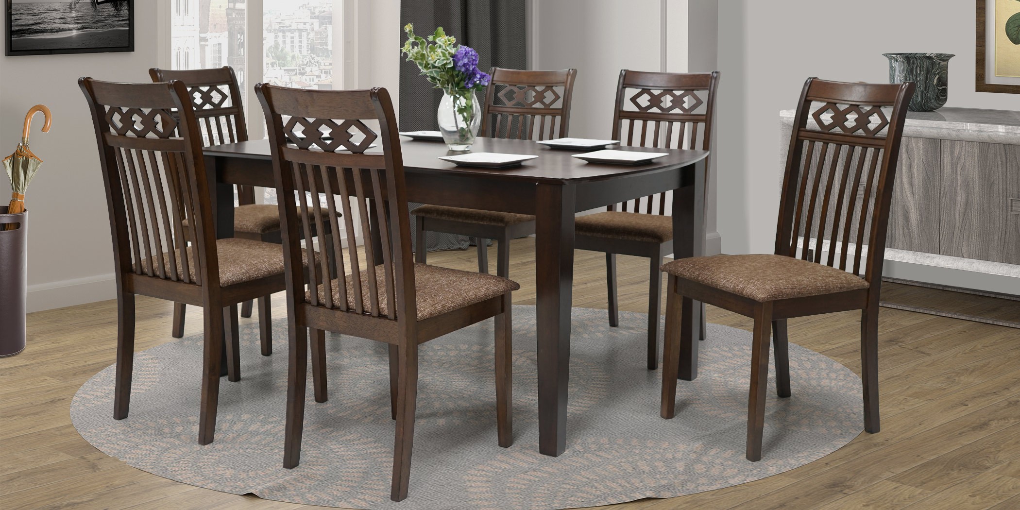 Oakland Table and 6 Chairs in Rubberwood/Brown Fabric