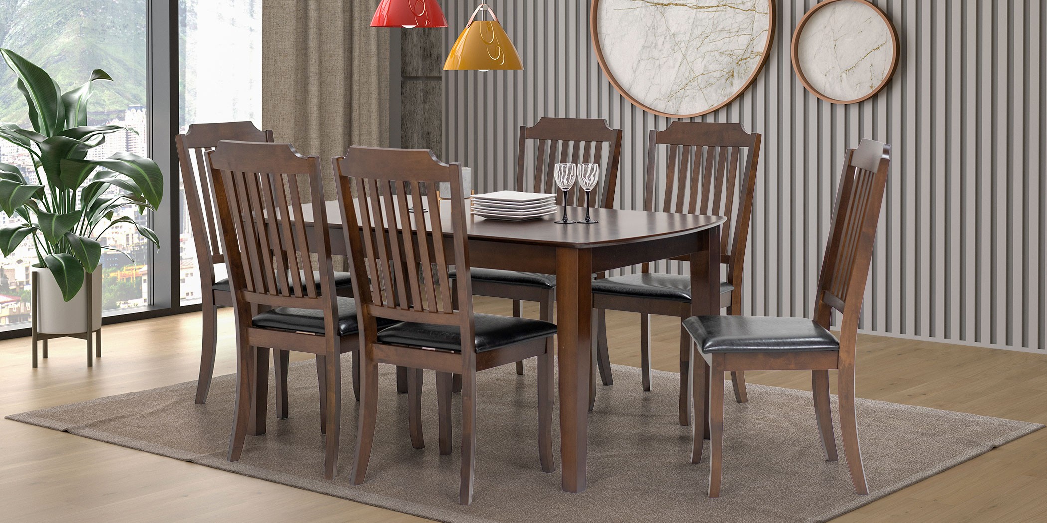 Oakland Table and 6 Chairs in Rubberwood Black PU