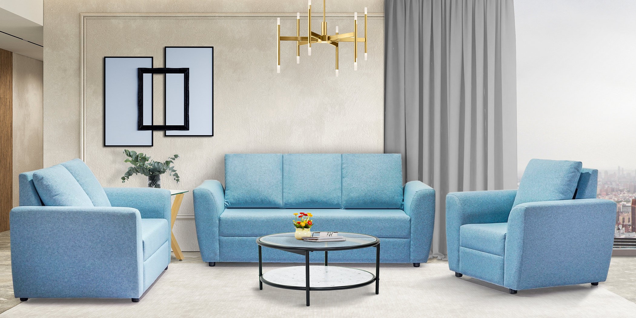Ellie Sofa 3+2+1 in Light Blue Fabric