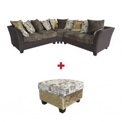 Marco Sofa Corner Brown with 12 Cushions in Fabrics + Marco Ottoman in Plain Gold/Patern Fabric