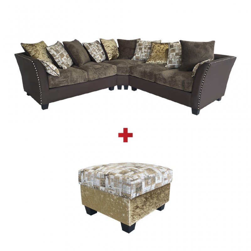 Marco Sofa Corner Brown with 12 Cushions in Fabrics + Marco Ottoman in