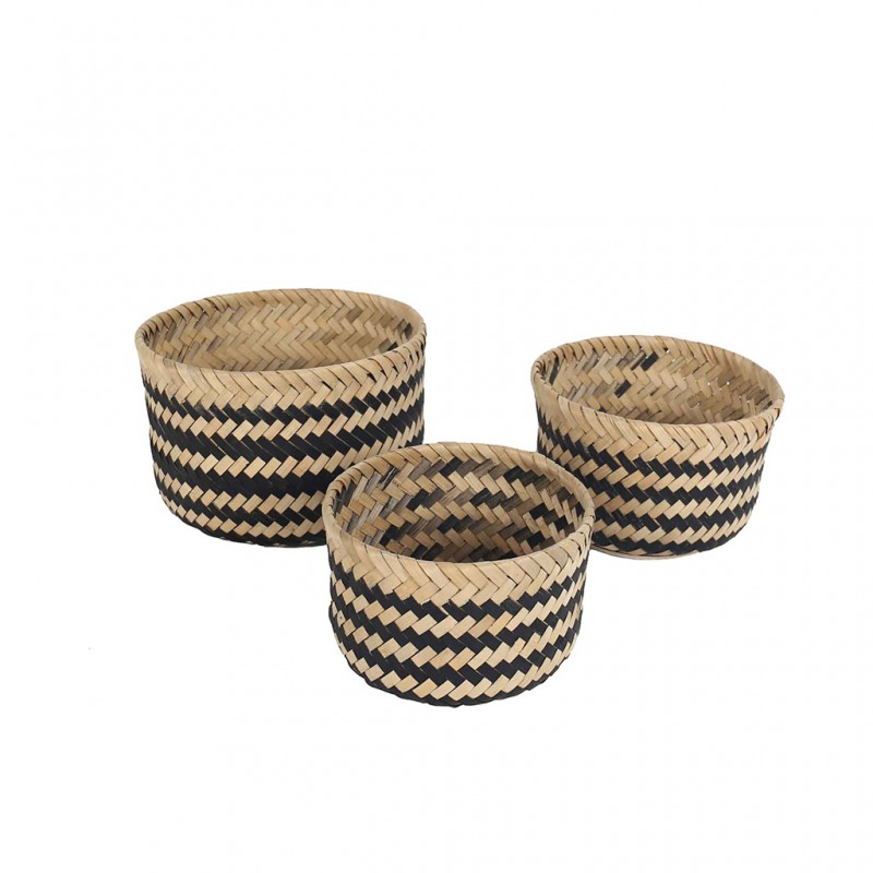 Set of 3 Rattan Flower Stand Beige & Black