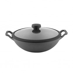 Meyer 48185 Pre-Seasoned Cast Iron 26cm Blk Kadai With Glass Lid