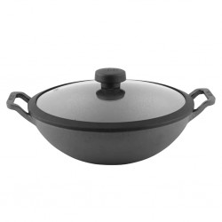 Meyer 48186 Pre-Seasoned Cast Iron 30cm Blk Kadai With Glass Lid