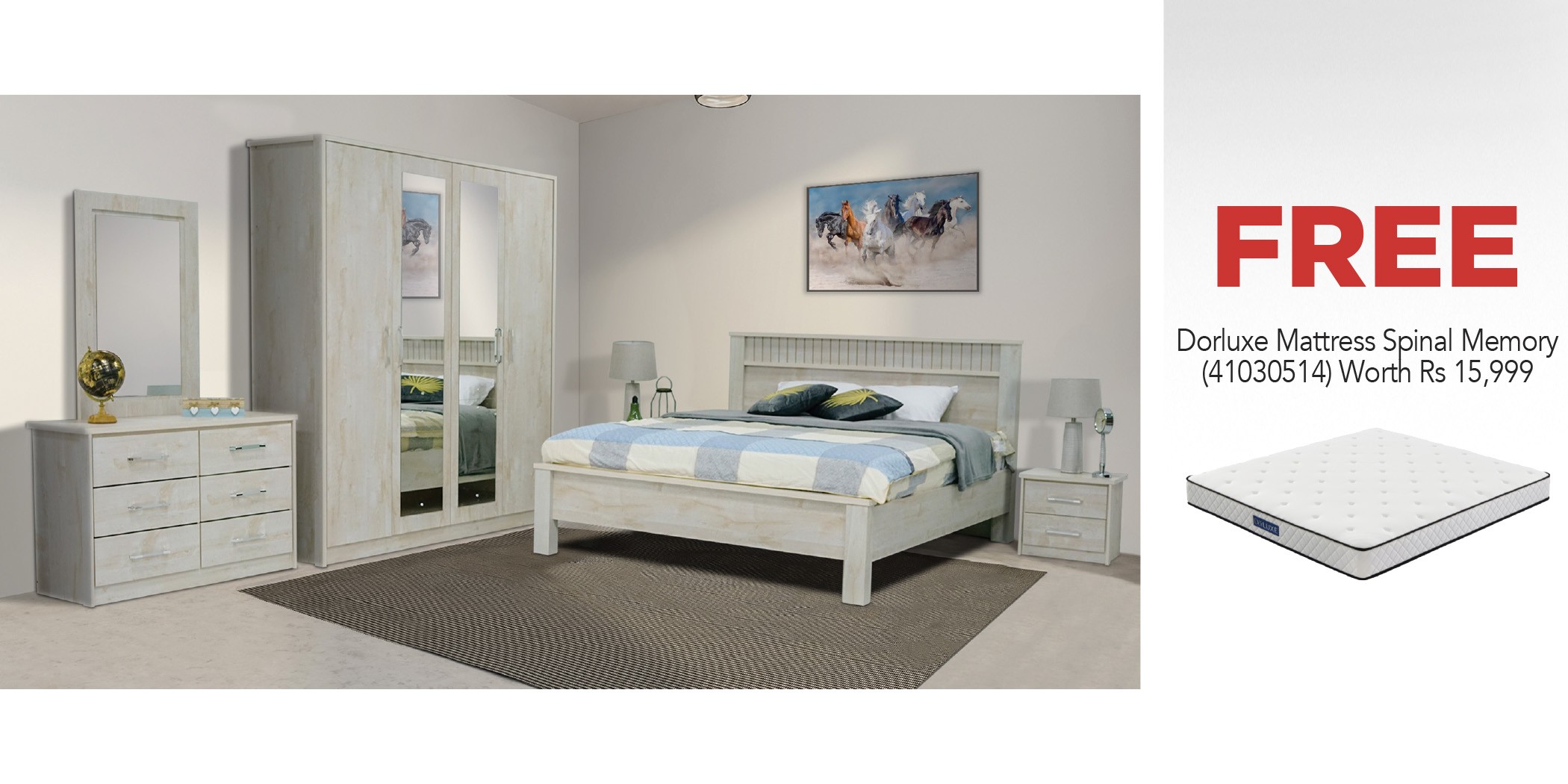 Athenas Bedroom Set 180x200 cm White Wash Maple & Free Dorluxe Spinal Memory King 180x200 cm