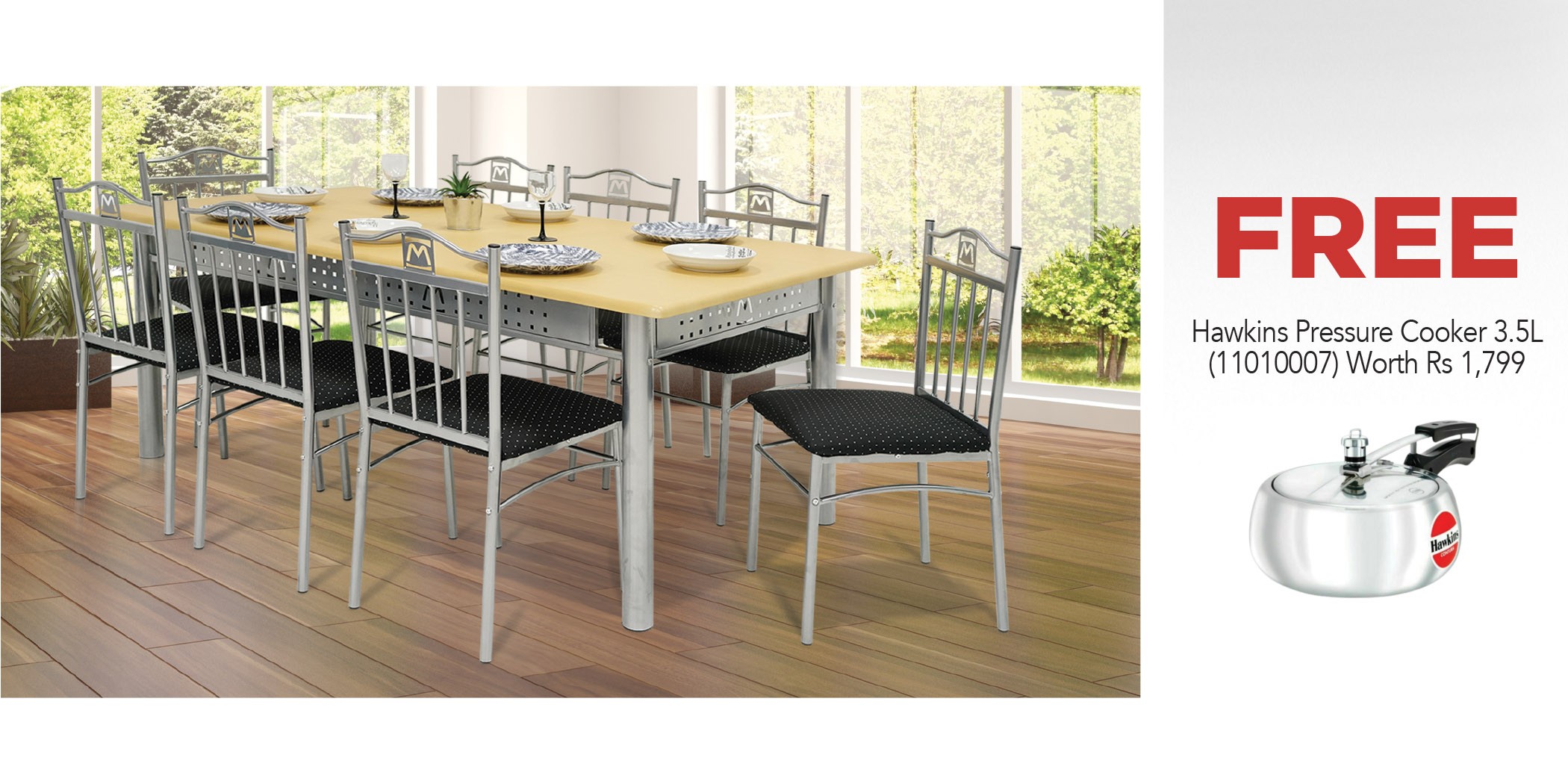 Nolana Table and 8 Chairs Metal/MDF Top & Free Hawkins M30W/HC35 3.5L Contura Std P/Cooker