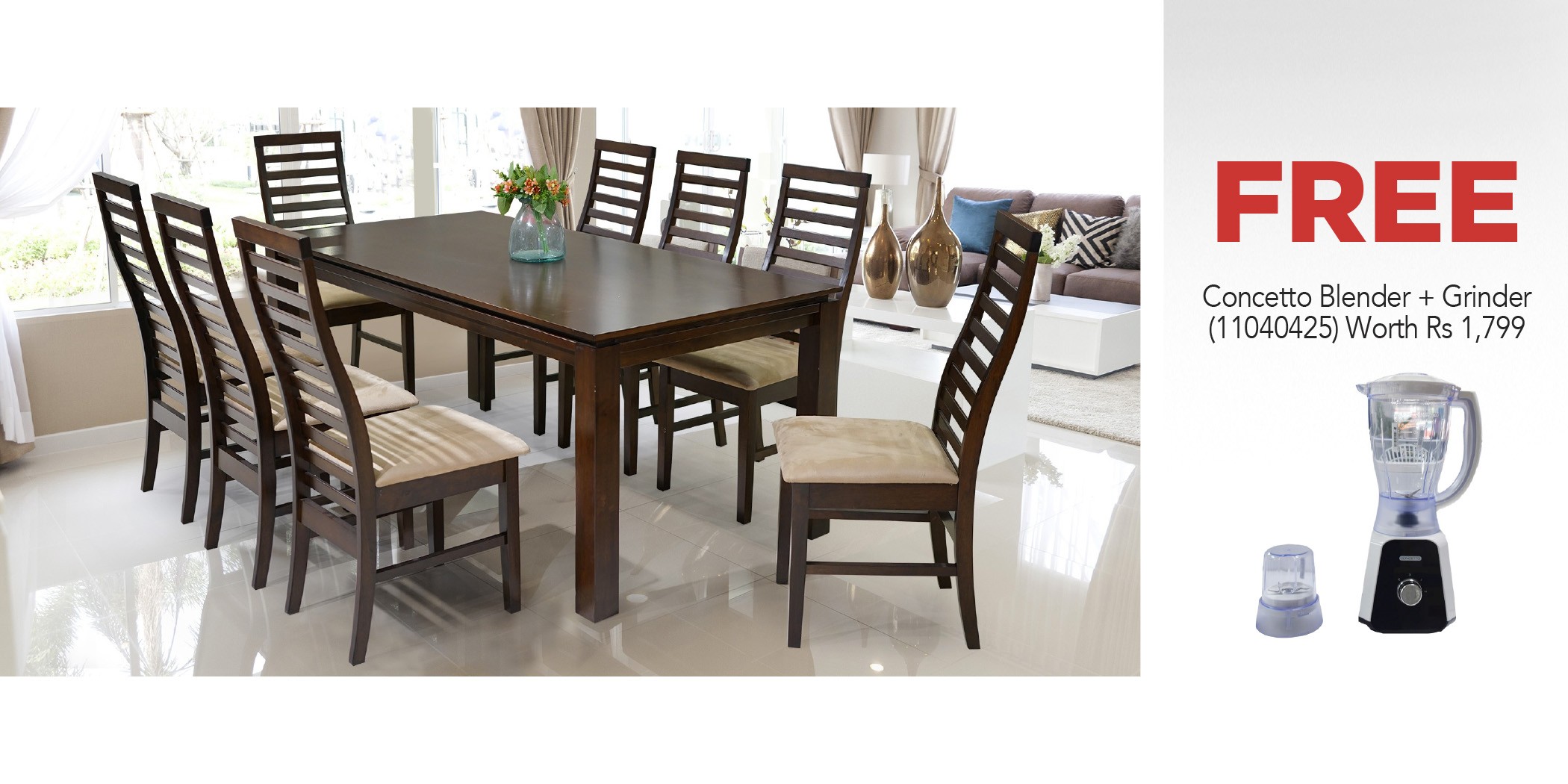 Legenda Table and 8 Chairs Rubberwood & Free Concetto CBL-456 1.5L Blender + Grinder