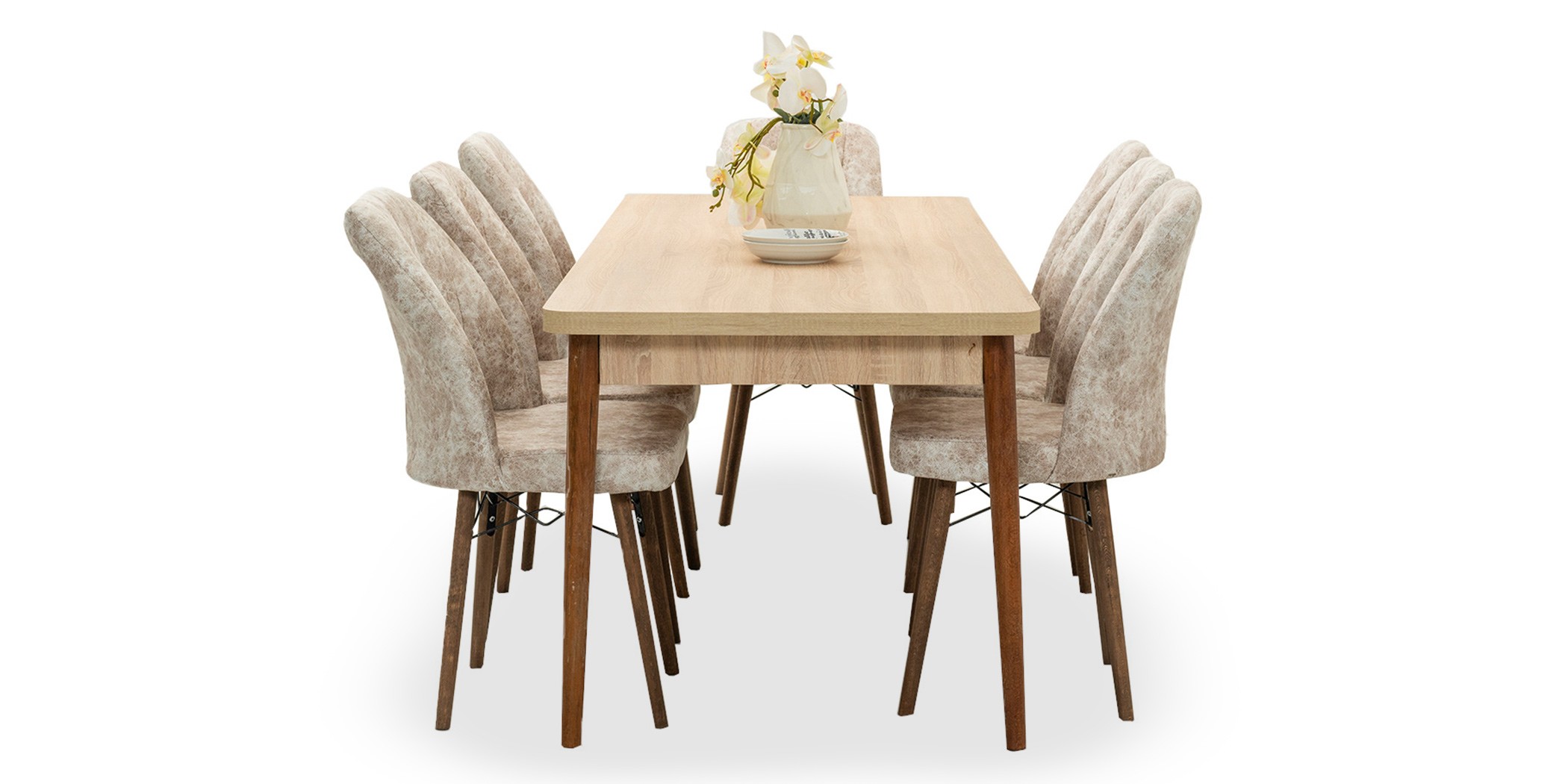 Miray Table & 8 Chairs Light Brown Fabric