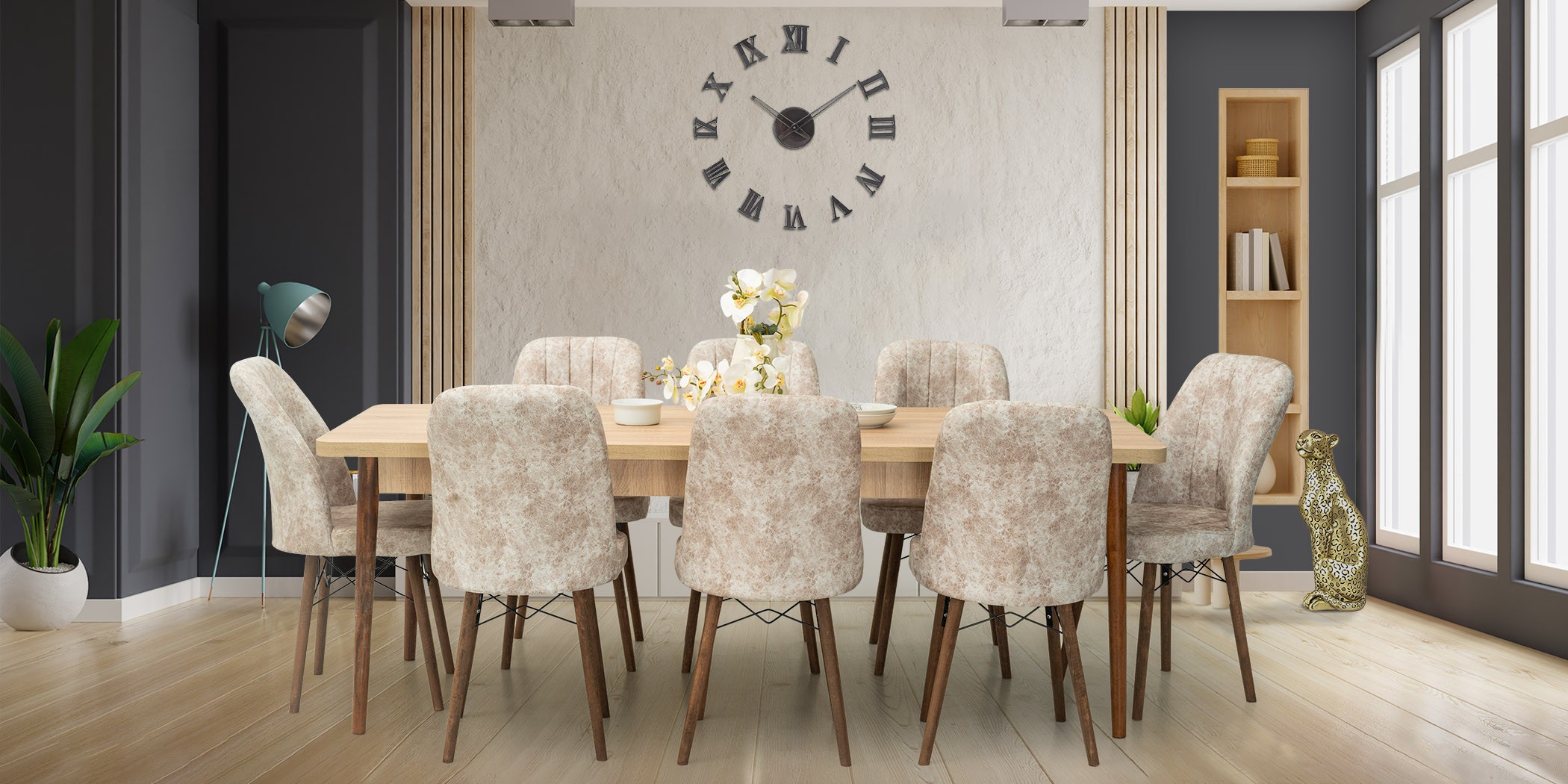 Miray Table+8 chairs Light Brown fabric