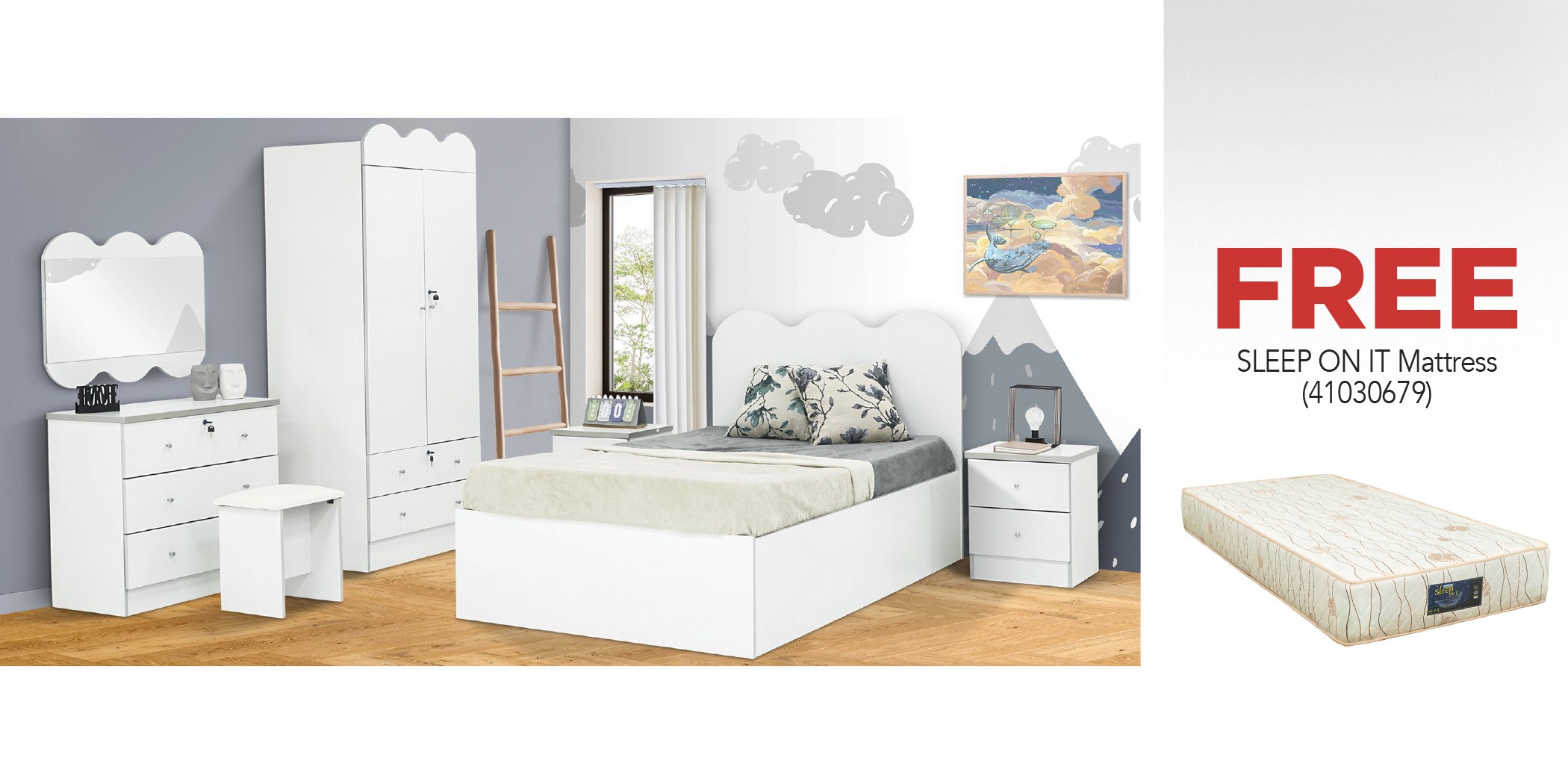 Ethan Bedroom Set 107x190 cm White + Sleep On It Classic Single 107x190 cm Microquiled Creme & Brown