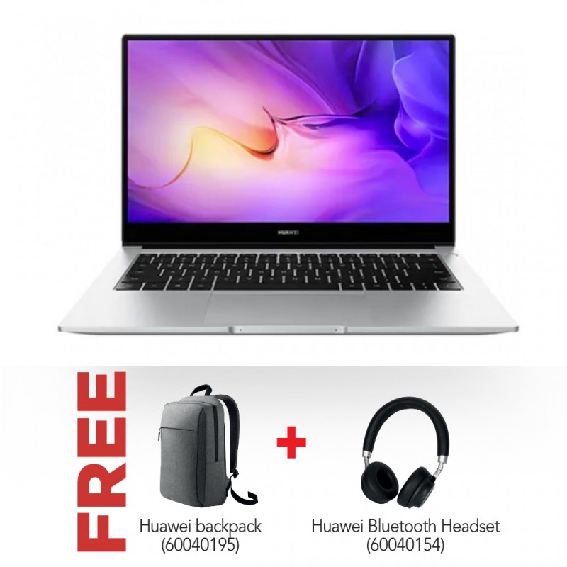Huawei Matebook D 14 (11th Gen i5/8G/512GB) Mystic Silver & Free Huawei Backpack + Huawei Bluetooth Headset
