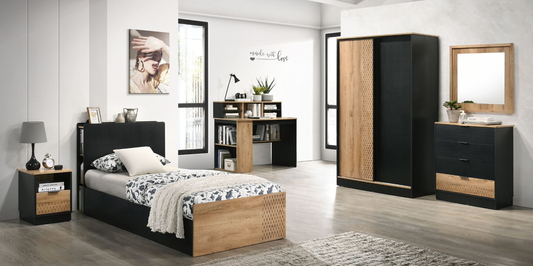Cubby Bedroom Set 90x190cm Mellow Oak+Black