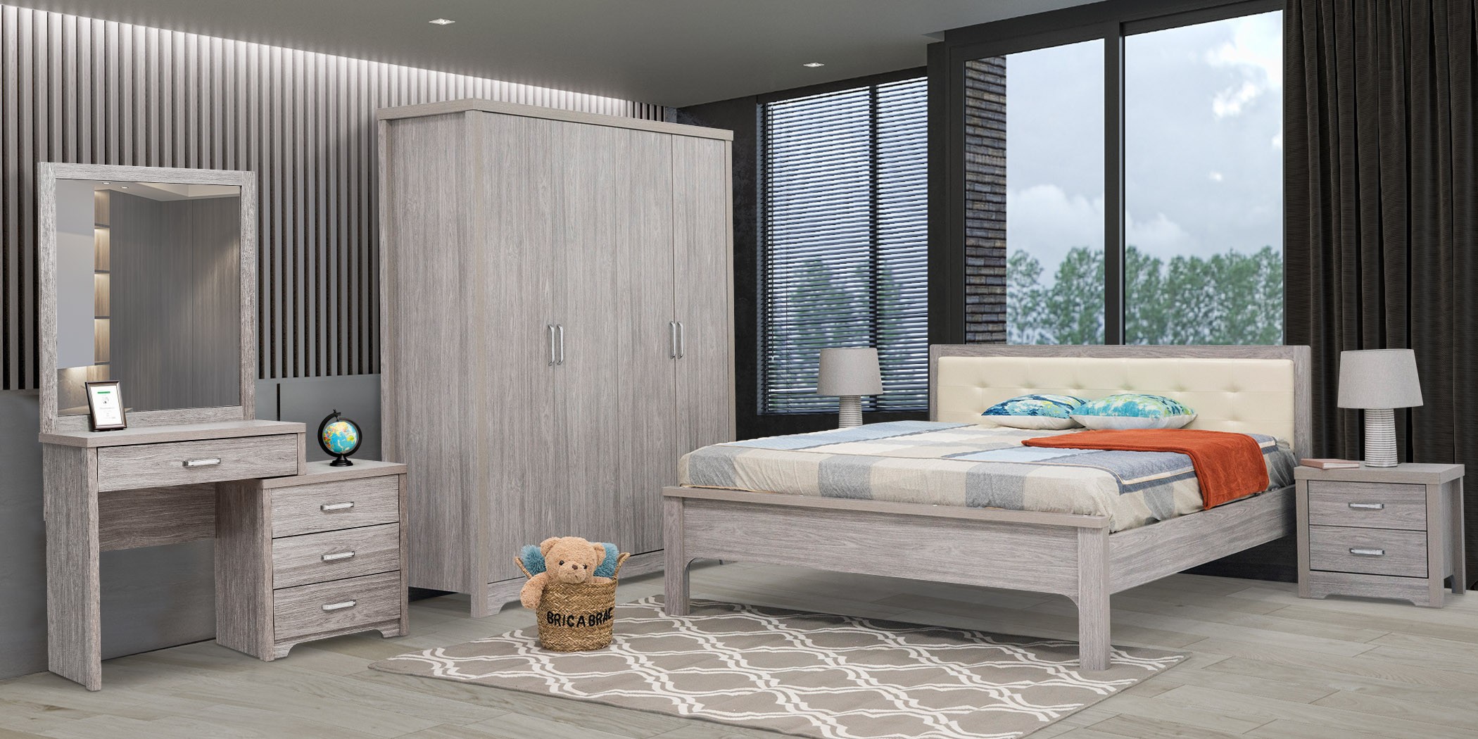 Miami Bedroom Set 180x200 cm Imbuia/Off White