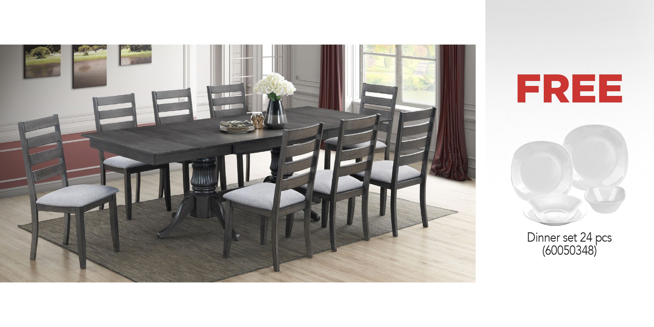 Huston Table and 10 Chairs Rubberwood Grey Fabric & Free Dinner set 24 pcs