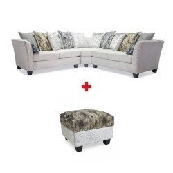 Marco Sofa Corner Silver Grey Fabric With 12 Cushions & Marco Ottoman in Plain Silver/Pattern Fabric