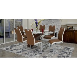 Siberia Table and 6 Chairs Glass Top Brown PU