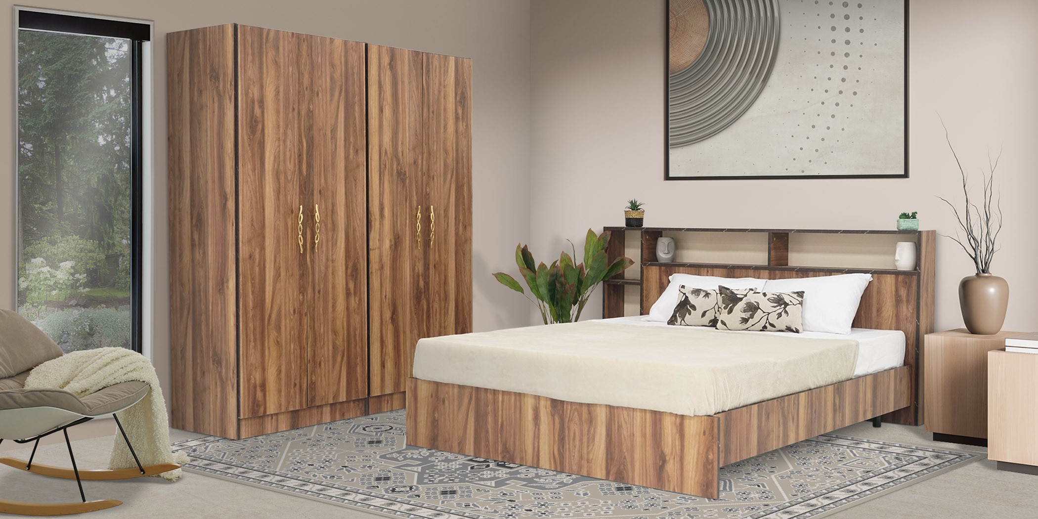 Benson Bedroom Set Bed (150x190cm) & 4 Doors Wardrobe Sapphire Oak