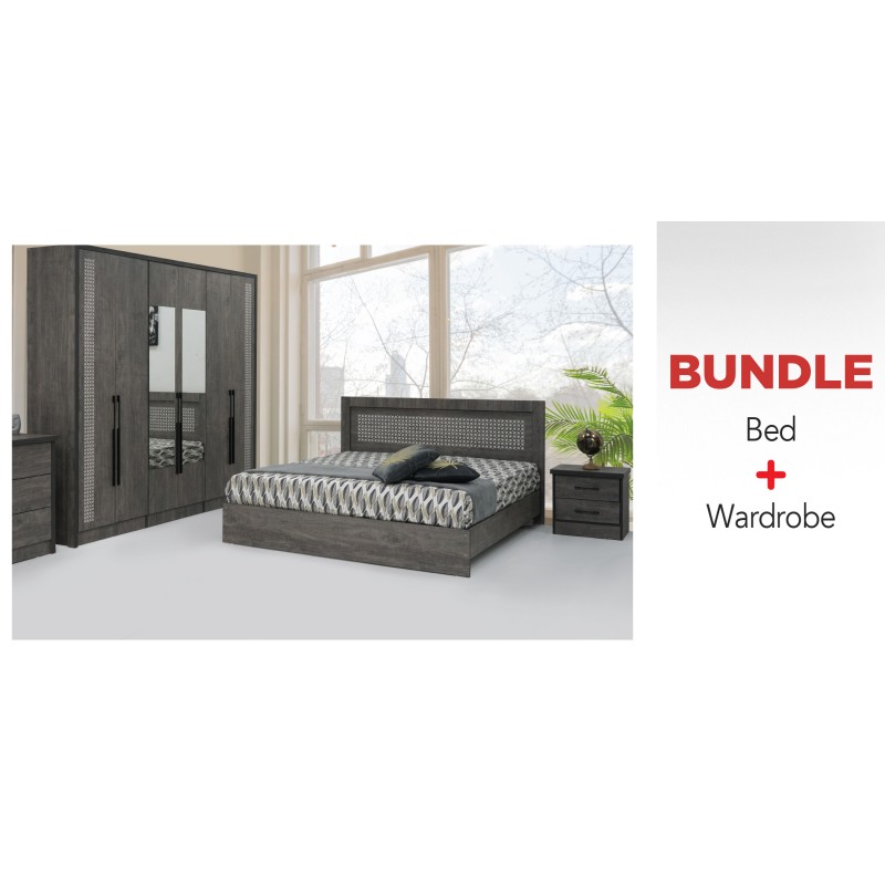 Feori Bed 180x200 cm & Feori Wardrobe 6 Doors Grey