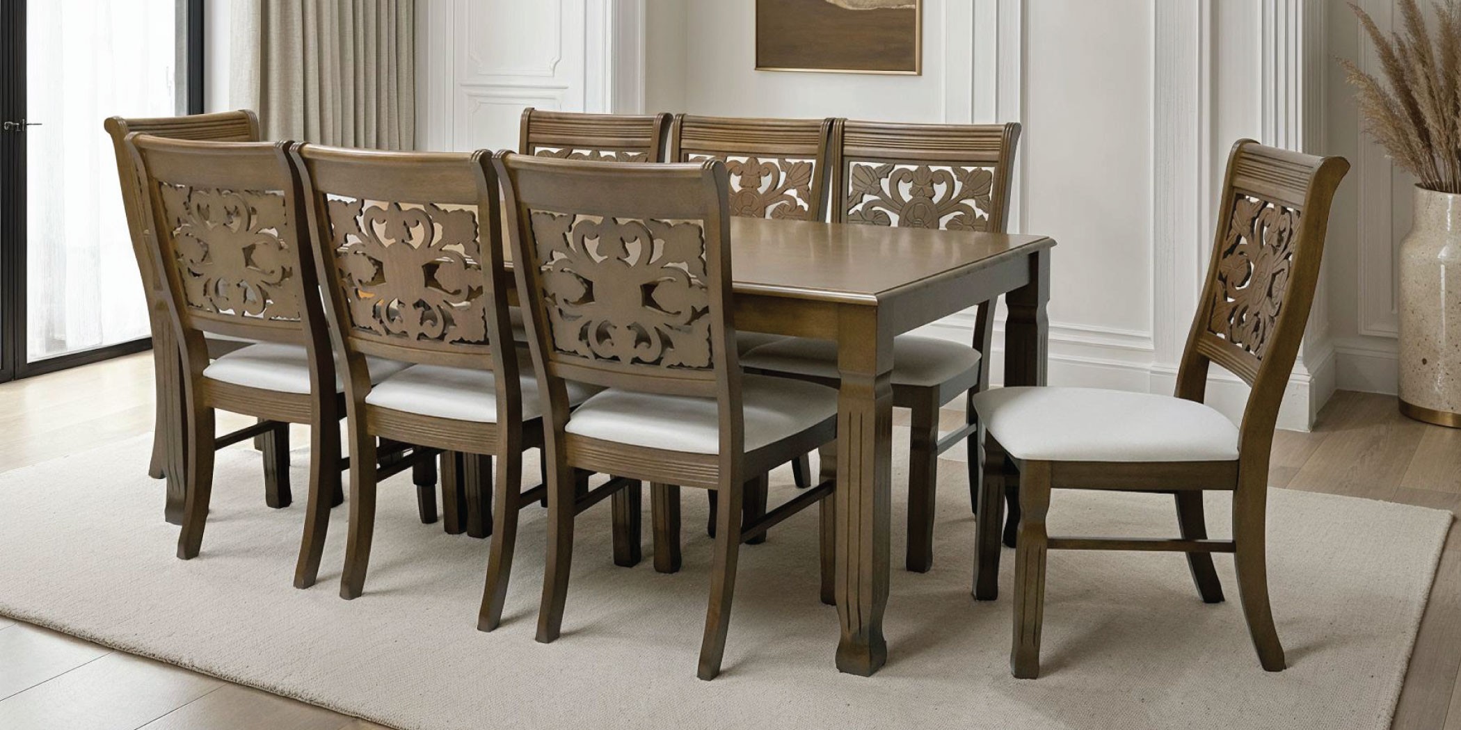 Lexington Table and 8 Chairs Antique Nyatuh Fabric FUR-0595-1