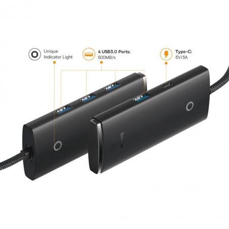 Baseus Lite Series 4-Port USB-A Hub Adapter Black (USB-A To USB 3.0*4) 25cm Wkqx030001