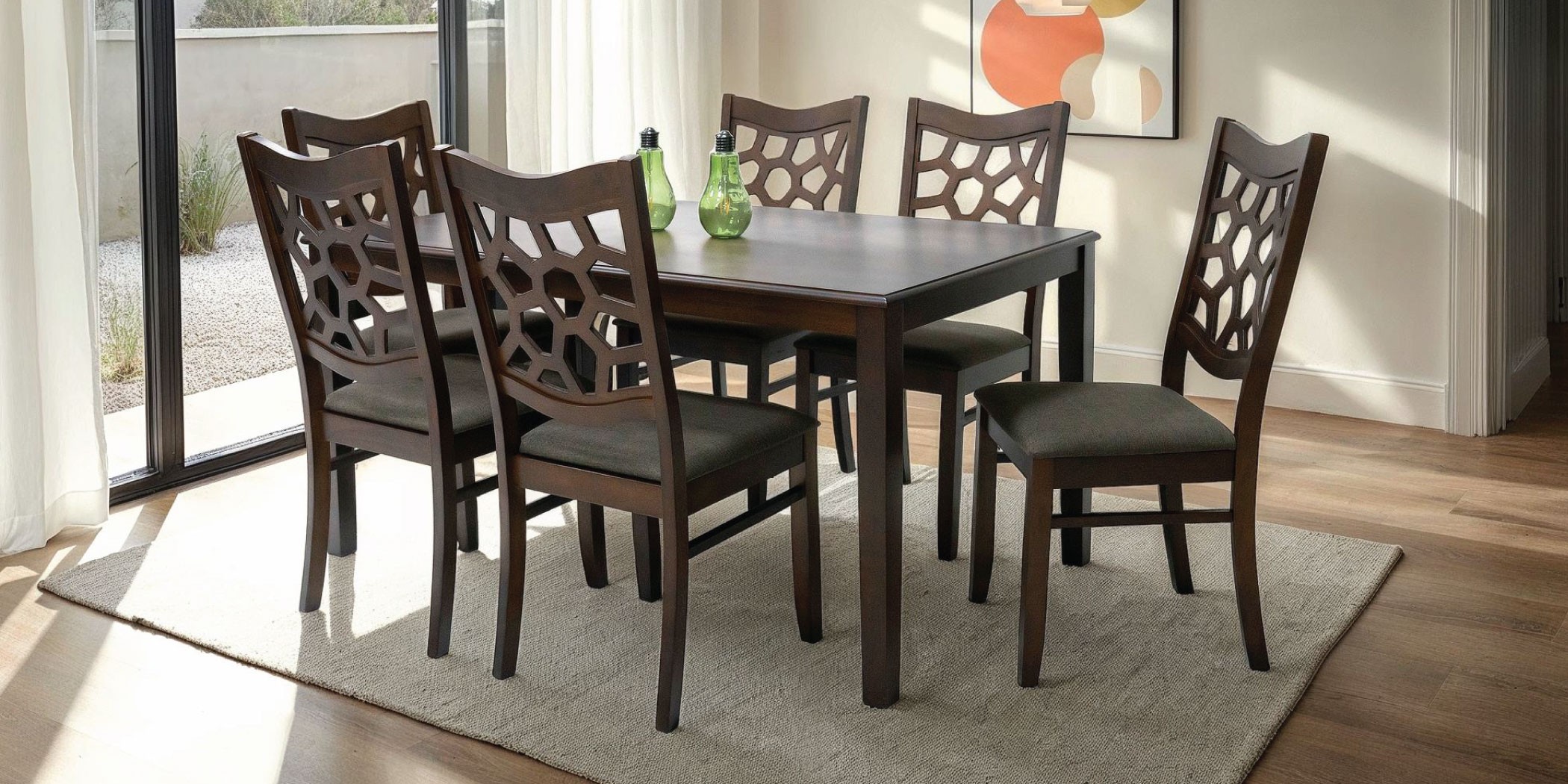 Ranger Table and 6 Chairs Rubberwood Dark Walnut Fabric G-R-Espresso