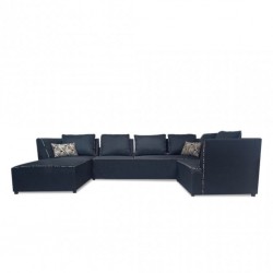 Elsee Corner LHF Chaise & Armless Chair Black with 2 Beige/Black Pattern Pillows