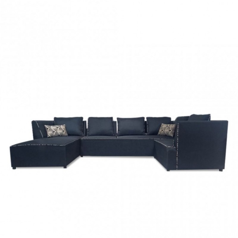 Elsee Corner LHF Chaise & Armless Chair Black with 2 Beige/Black Pattern Pillows