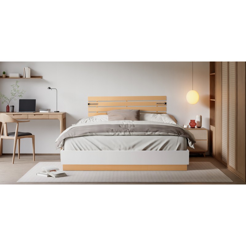 Sunrise Bed 180x200 cm With Led Lights Light Oak And Coconut White In MDF/Particle Board