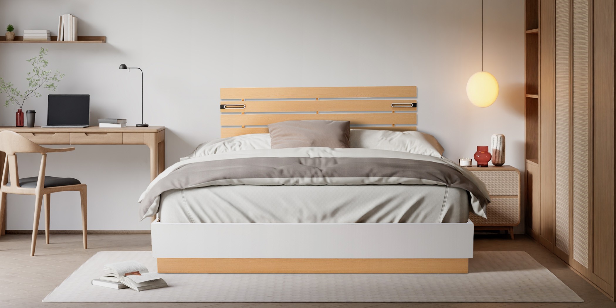Sunrise Bed 180x200 cm With Led Lights Light Oak And Coconut White In MDF/Particle Board