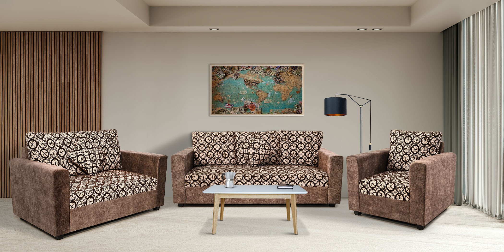 Conrad Sofa 3+2+1 Plain Brown & Pattern Fab
