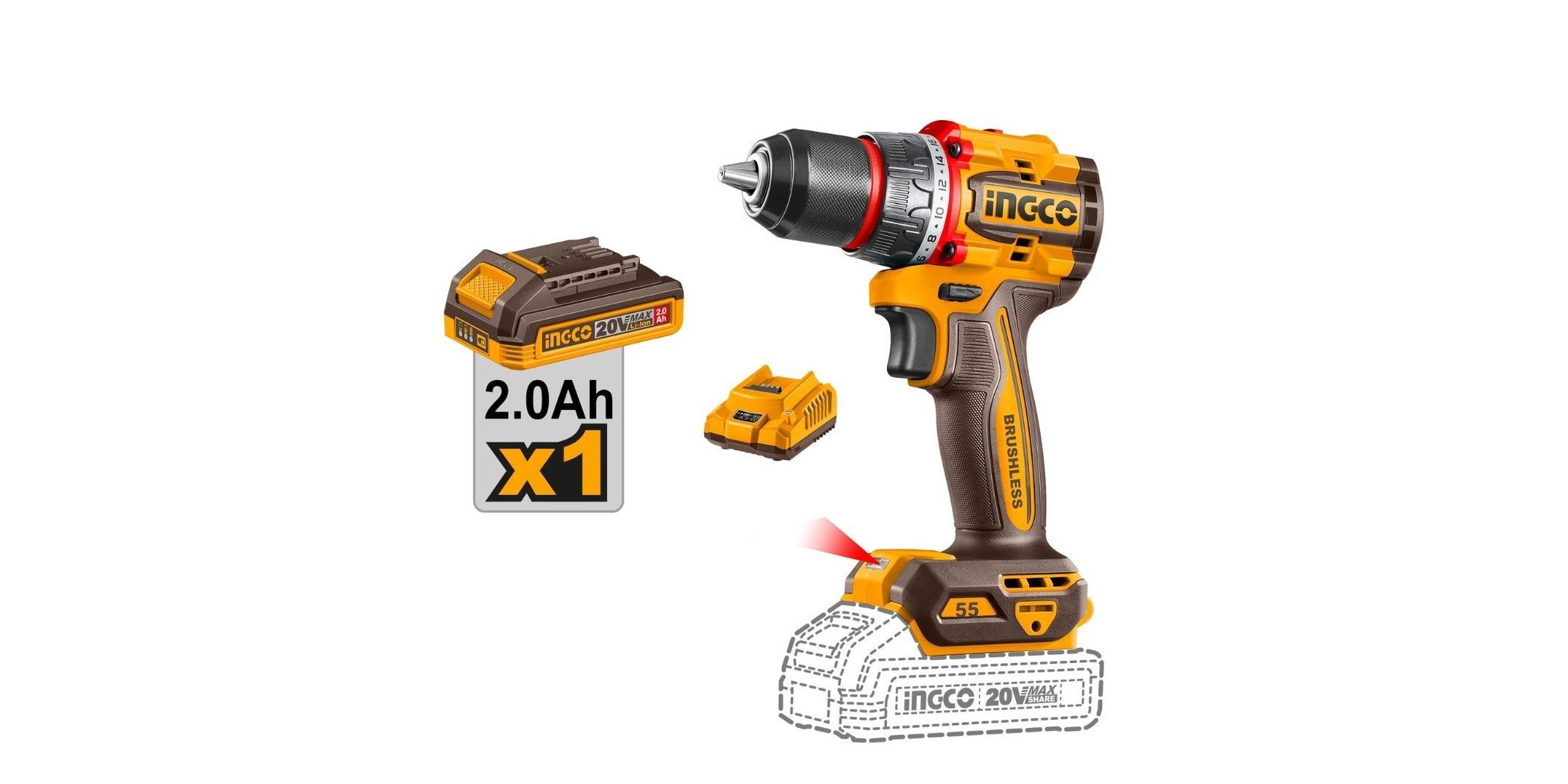 Ingco CDLI205582 Compact Brushless Cordless Drill